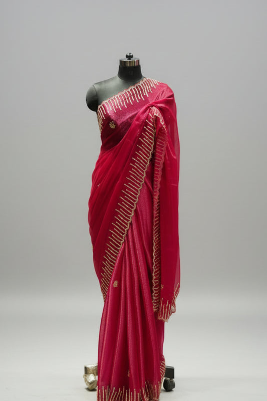 Luxury Wine Red Organza Saree