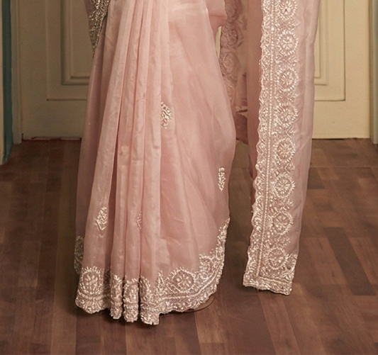 Peach Pink Glass Tissue Silk Saree