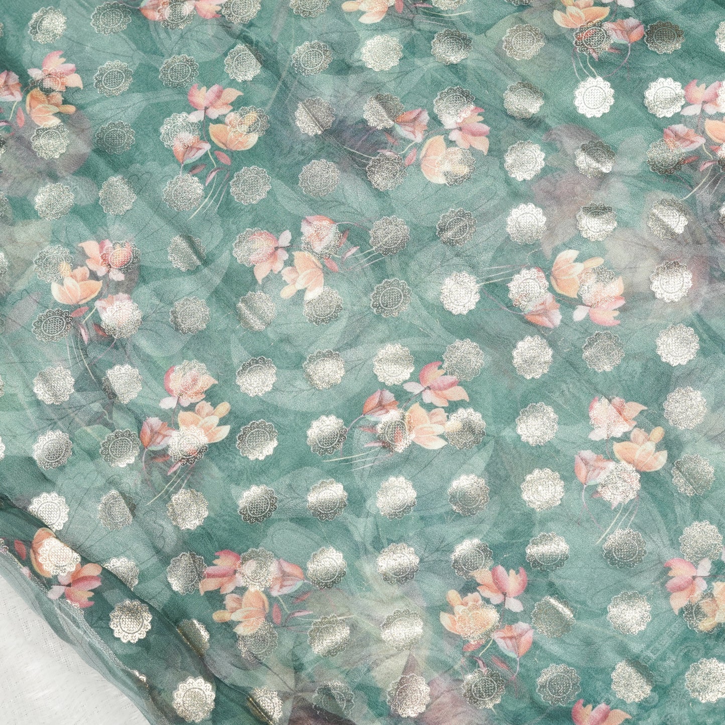 Blue georgette floral print with self weaving thread work