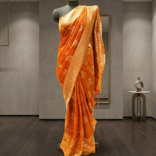 Khaddi Silk Rust Orange Banarasi Saree