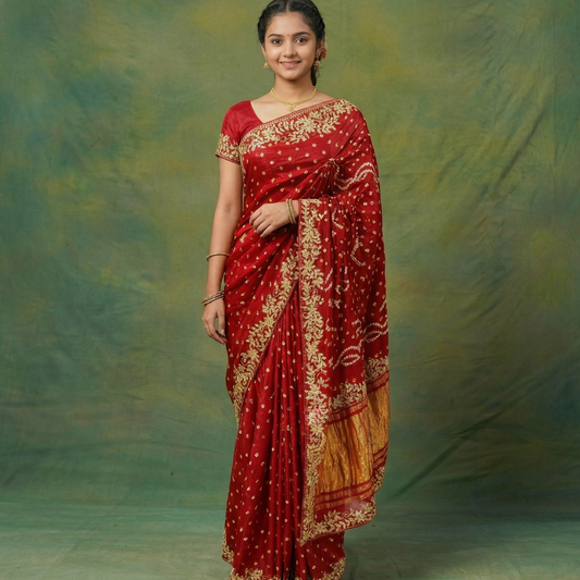 Red Bandhani Print Saree