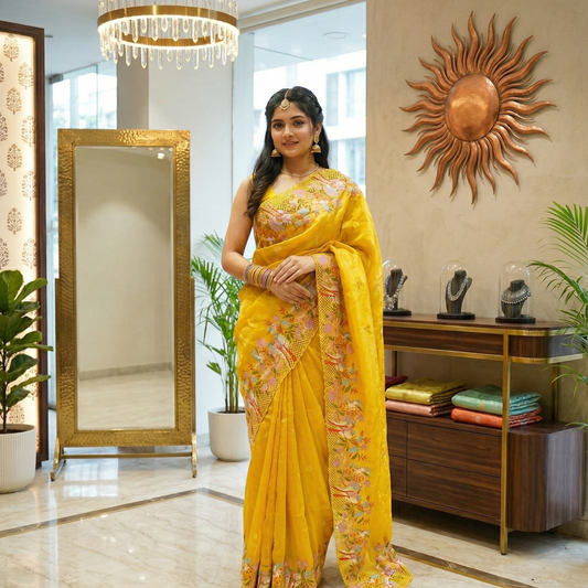 Mustard Yellow Embroidered saree