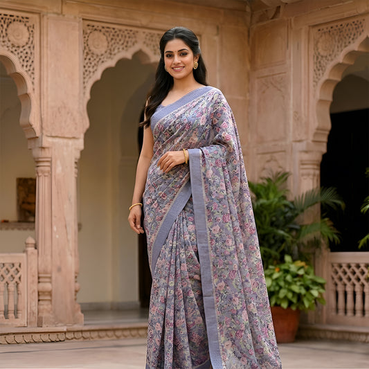 Lilac Blue floral design saree with gold silver zari border