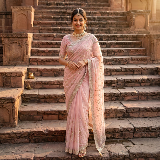 Pink chiffon Saree with silver embroidery work