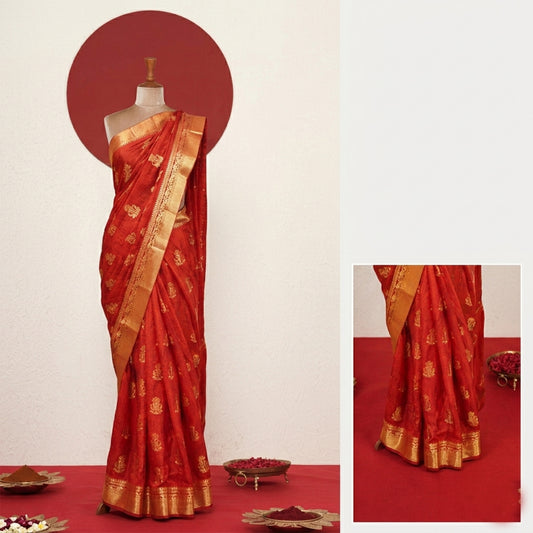 Red Floral Gold Zari Work Chiffon Crepe Saree