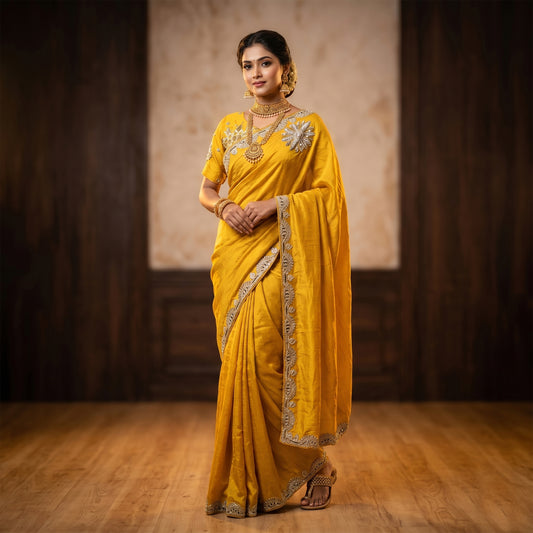 Yellow crepe saree with olive embroidery work and stitched blouse