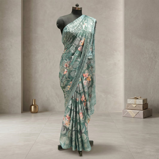 Blue georgette floral print with self weaving thread work