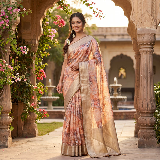 Brown multicolour floral work chiffon saree