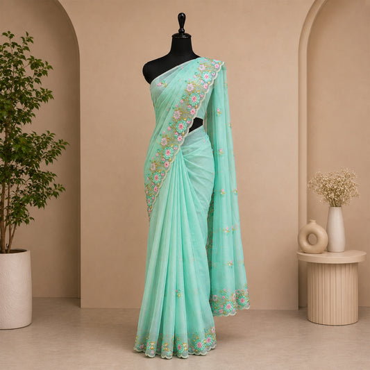 Sky Blue Soft Cotton Linen Saree
