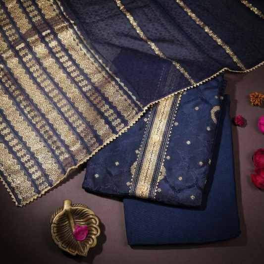 Navy Blue Pure Crepe Silk 3-Piece Suit Fabric