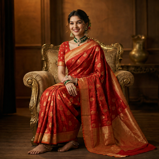 Red Floral Gold Zari Work Chiffon Crepe Saree