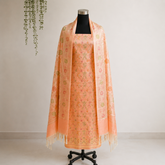 Peach Orange Banarasi Silk Fabric