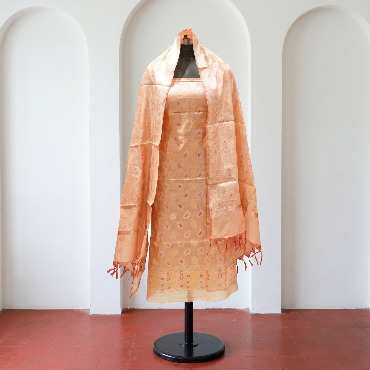 Peach Orange Banarasi Silk Fabric