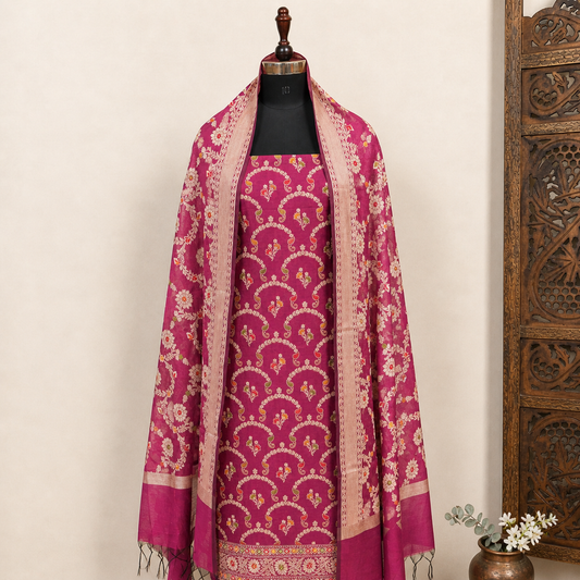 Purple Pink Cotton Banarasi Silk Fabric