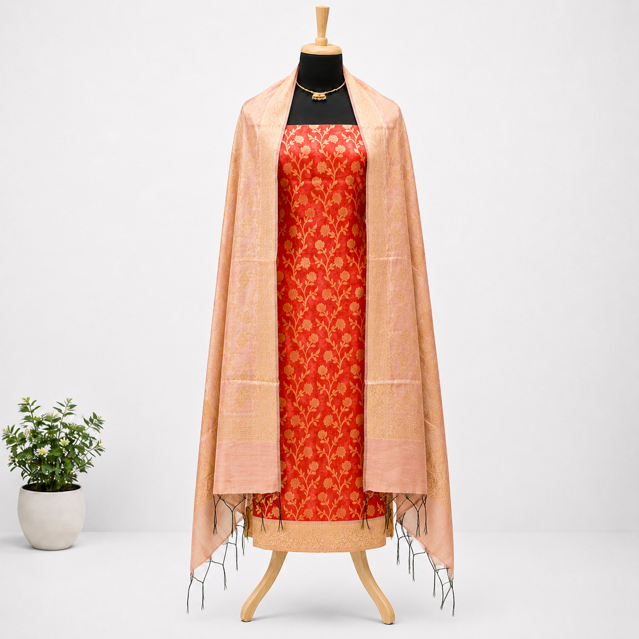 Maroon Pink & Rose Pink Cotton Banarasi Silk Fabric