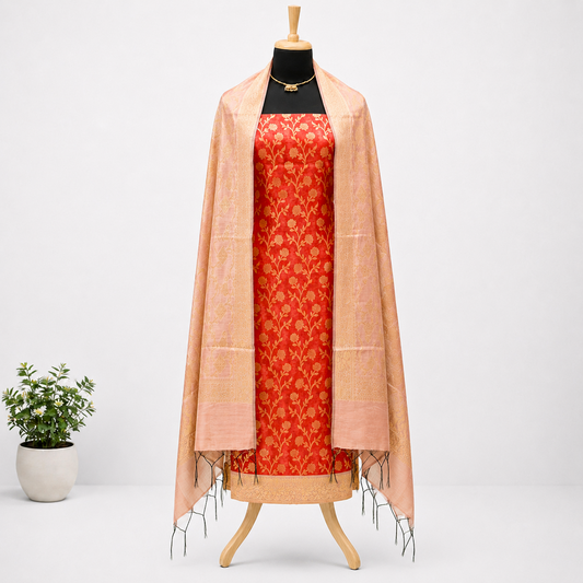 Maroon Pink & Rose Pink Cotton Banarasi Silk Fabric