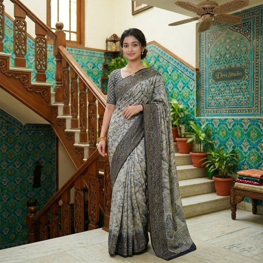 Chiffon Crepe Blue floral Saree