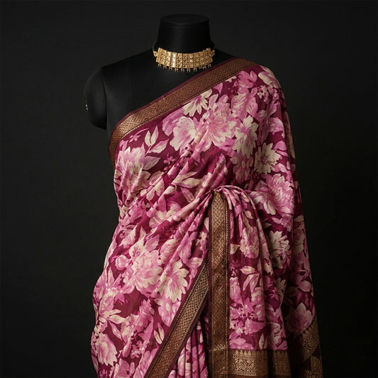 Wine Colour Crepe Saree with floral print