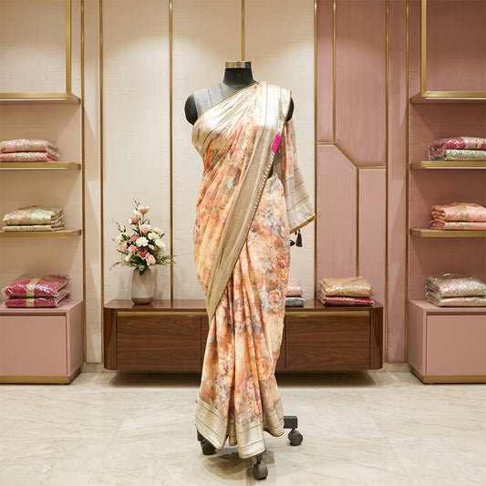 Brown multicolour floral work chiffon saree