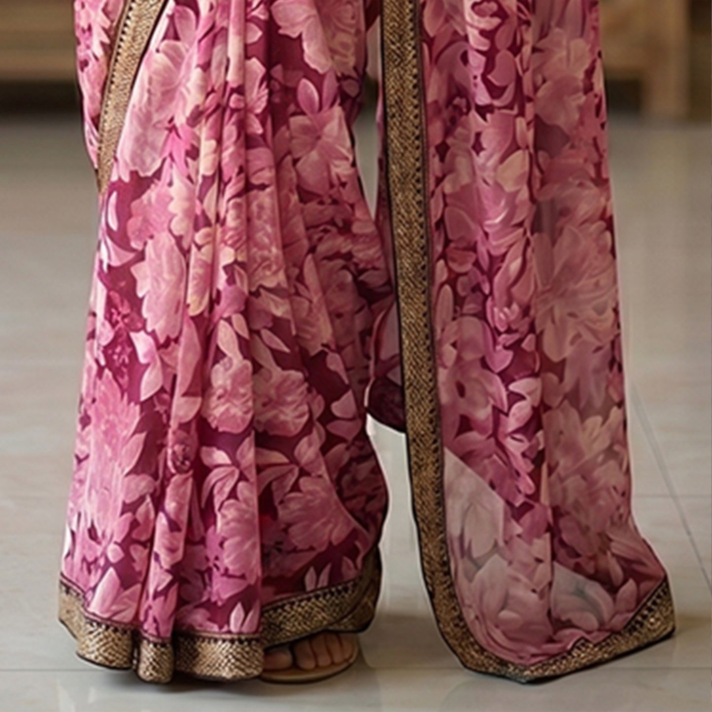 Wine Colour Crepe Saree with floral print