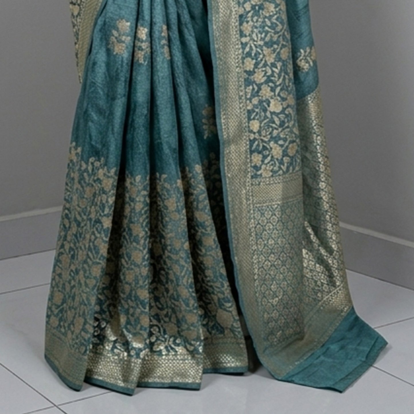 Blue Crepe Saree with Floral Design & Gold Zari Work