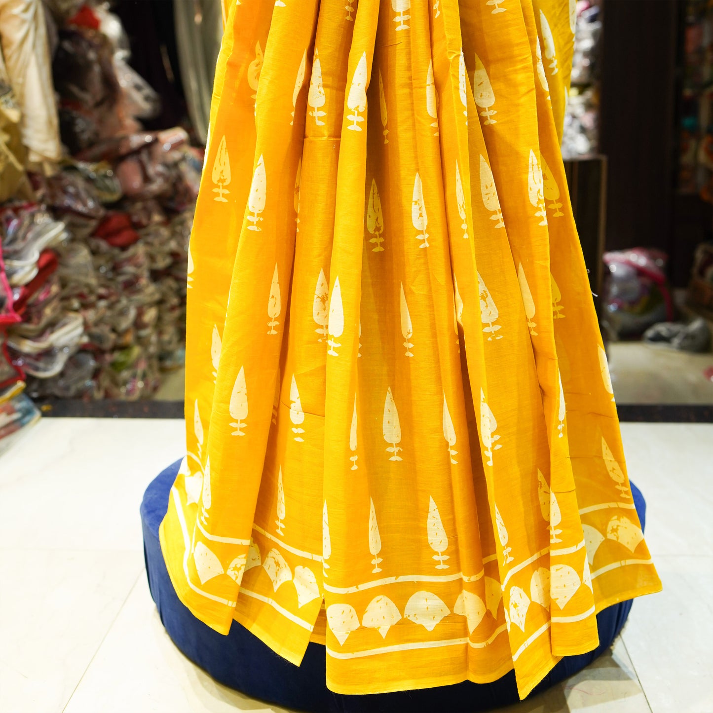 Mustard yellow cotton linen saree with Block print