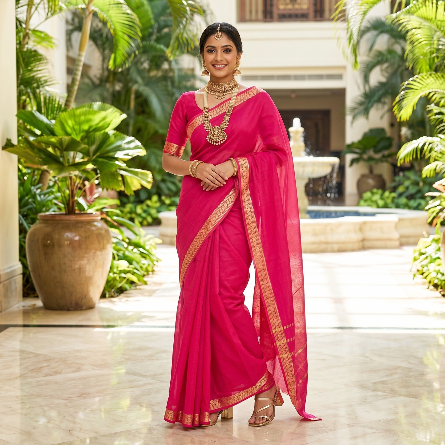 Pink cotton linen saree with gold zari border