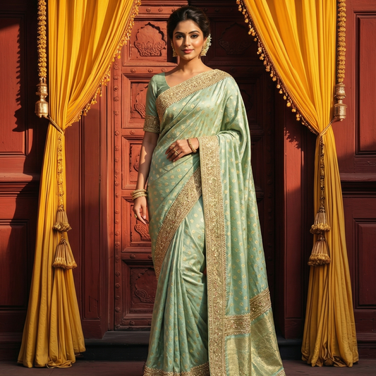 Elegant Mint Green Pure Crepe Silk Saree with Floral Hand Embroidery, Zari Work & Pearl Border