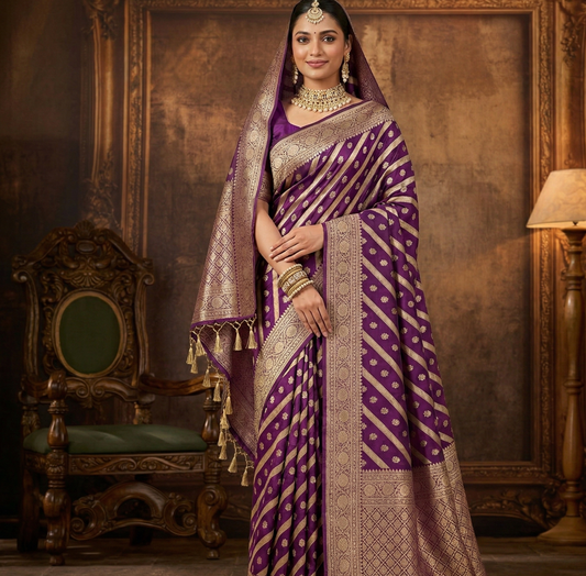 Purple silk saree with heavy dupatta Swarovski work and embroidered border pallu design