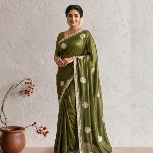 Olive Dark Green Designer Saree
