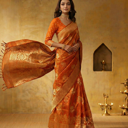 Rust Orange Zari Saree