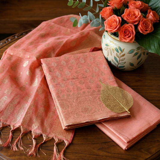 Peach Orange Banarasi Silk 3-Piece Suit Fabric