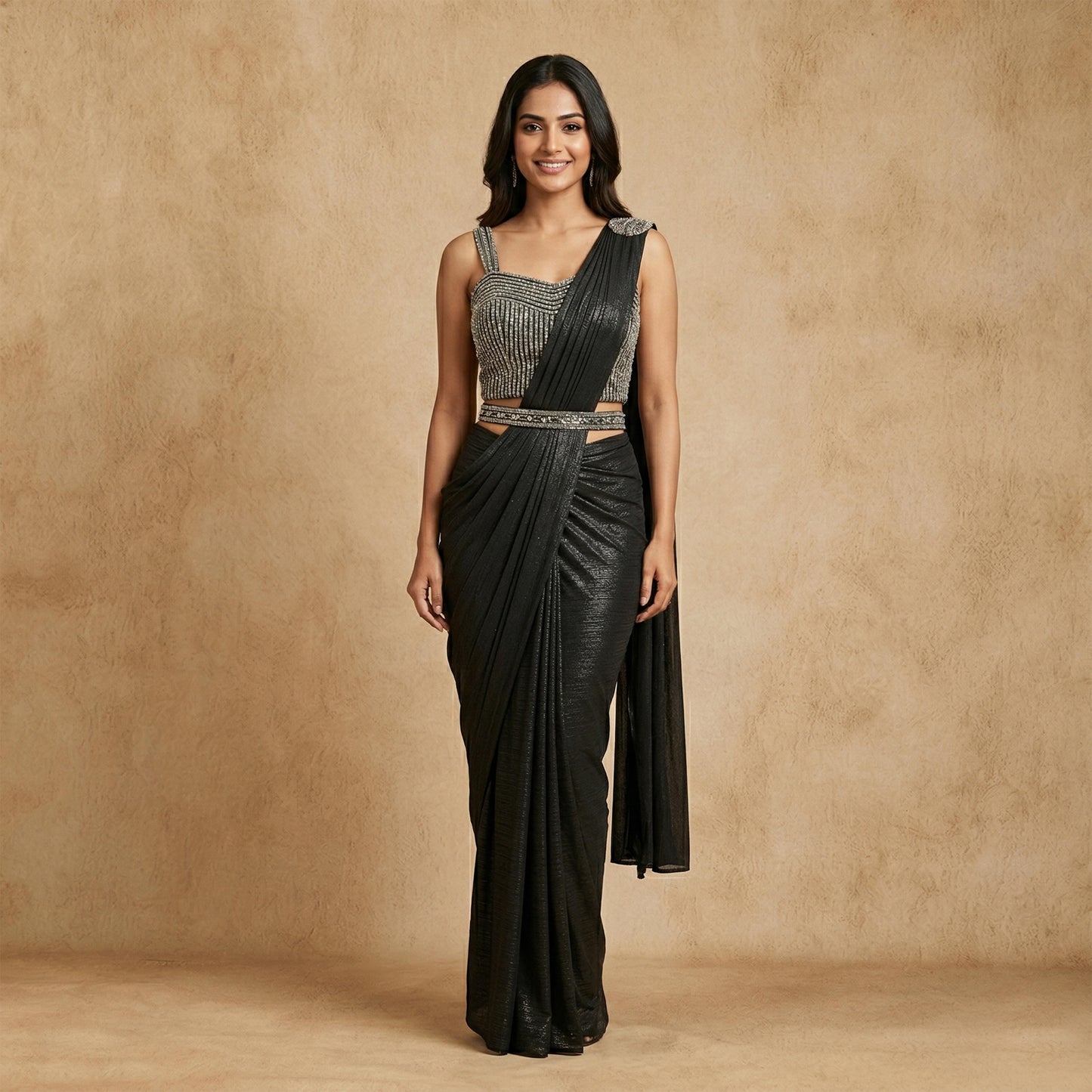 Black Crushed Tissue Silk Saree with Dupatta Silver & Black Stone Work Blouse | Designer Party Wear