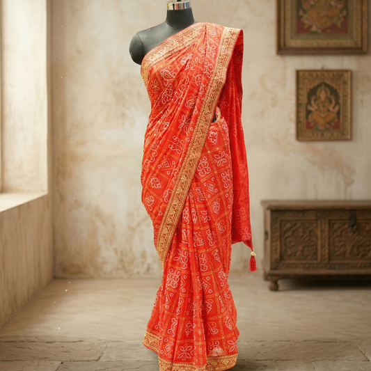 Red Bandhani Ghatchola Saree