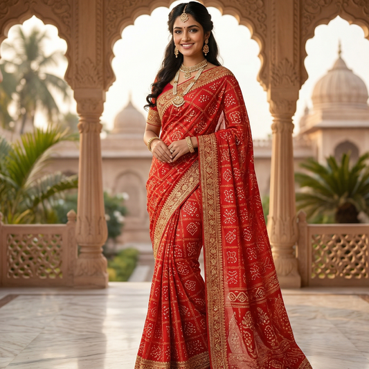 Red Bandhani Ghatchola Saree