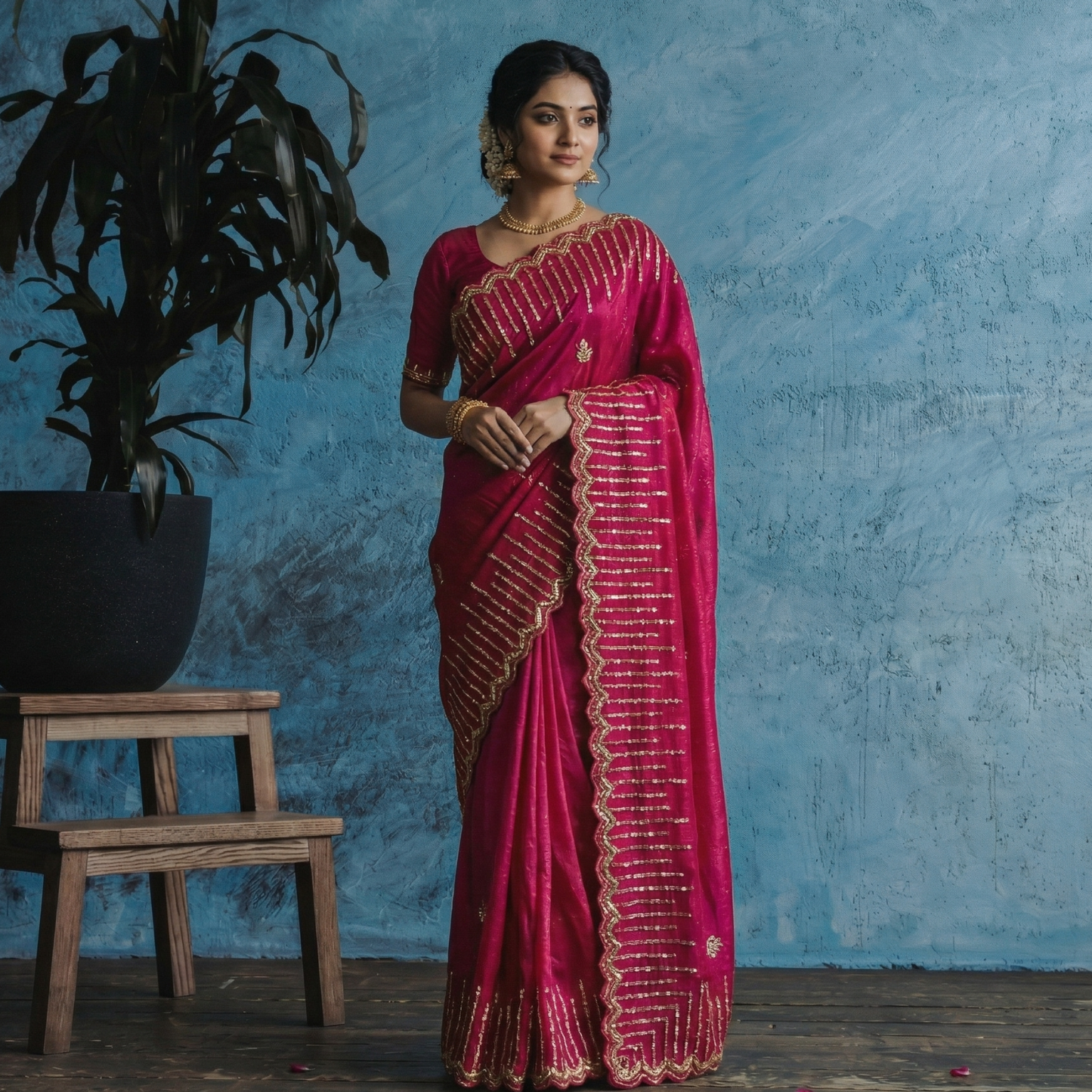 Luxury Wine Red Organza Saree