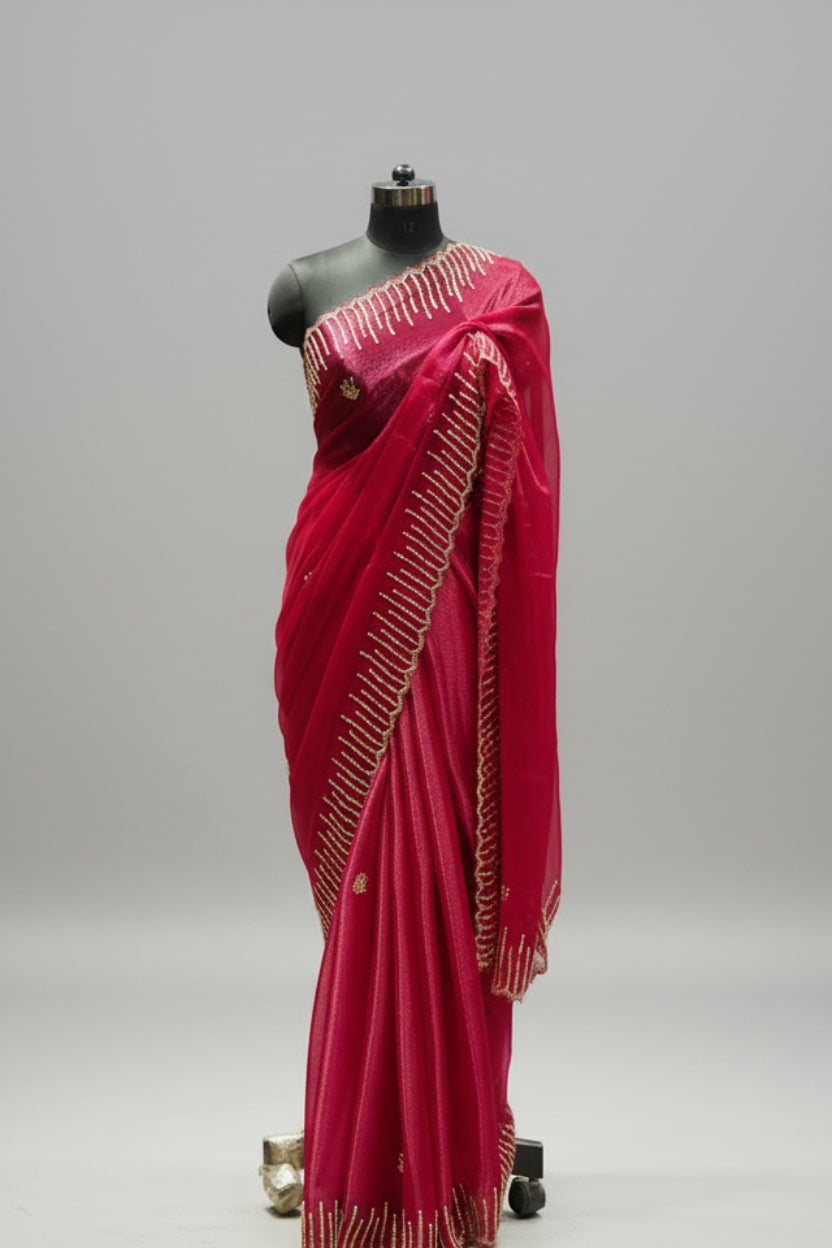 Luxury Wine Red Organza Saree