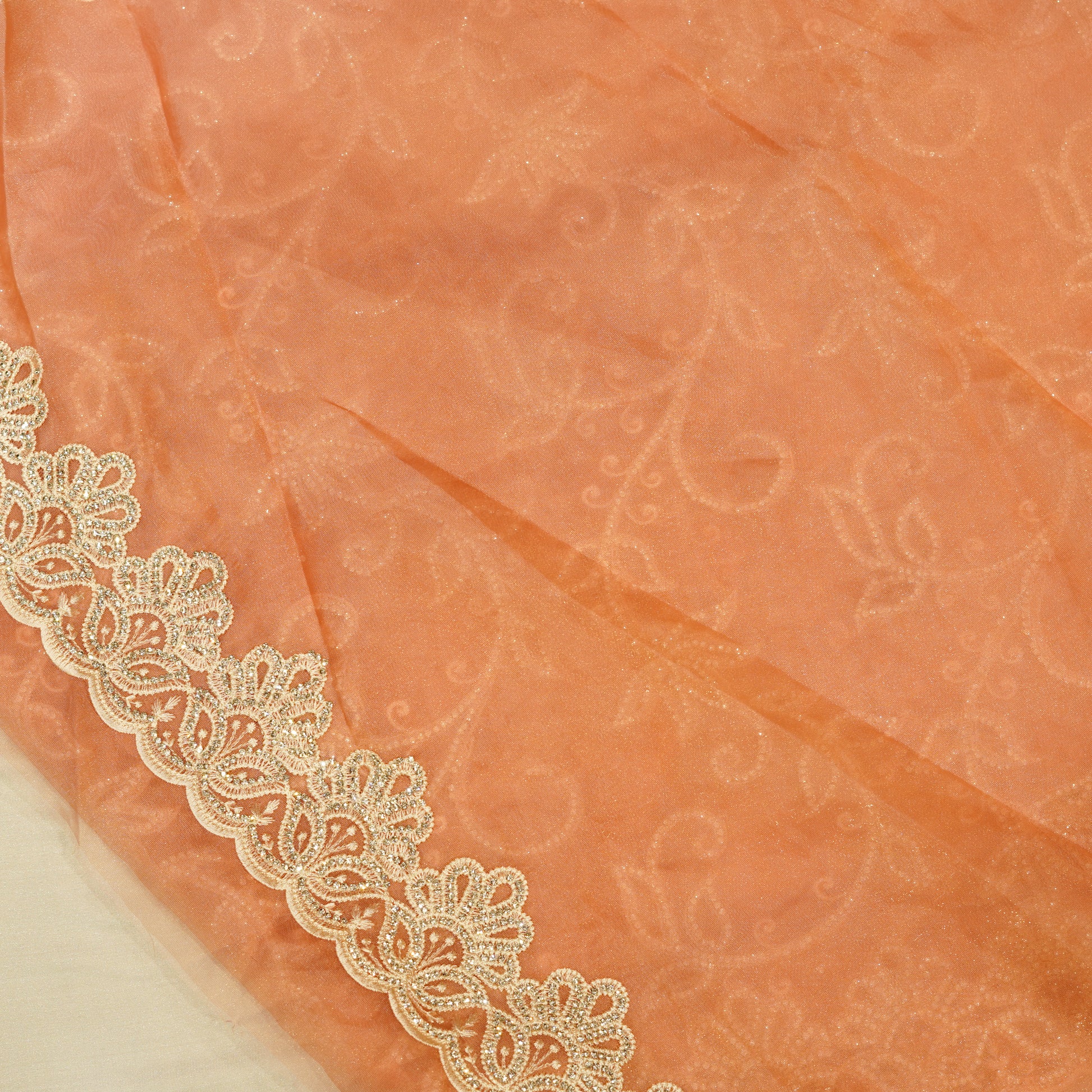 Peach net saree with floral resham embroidery and silver Swarovski work
