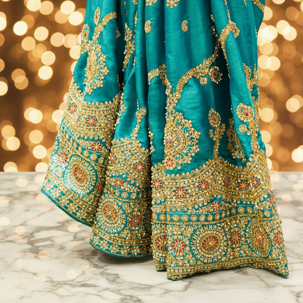 Close-up of a teal embroidered fabric with gold and multicolor patterns on a stand.
