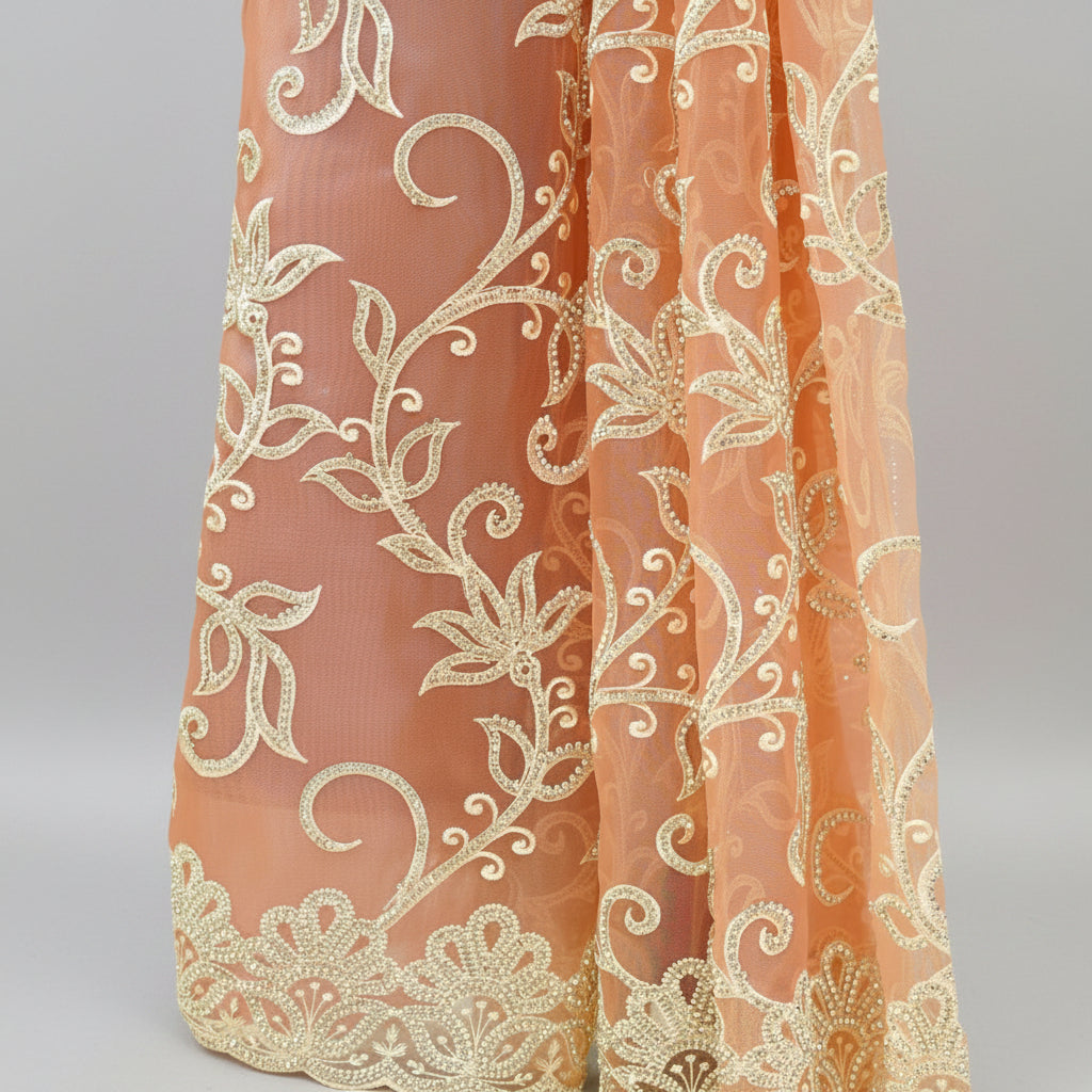 Peach Floral Net Saree