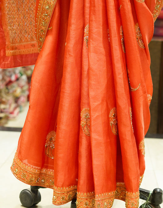 Luxury Orange Satin Silk Saree