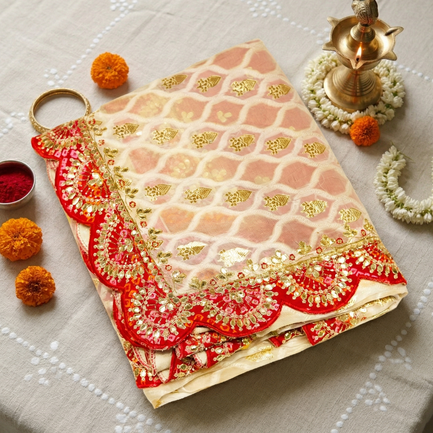 Ivory Red Bandhej Saree
