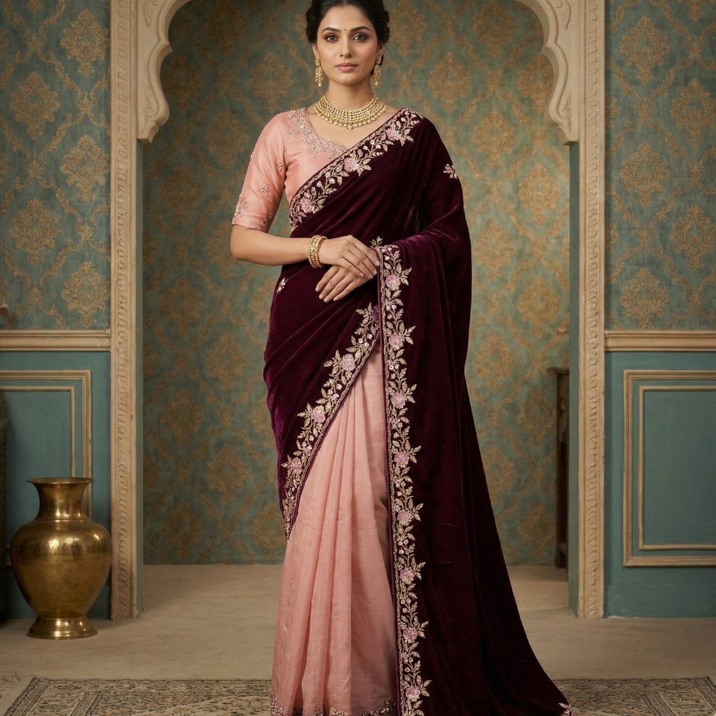 Purple Wine Velvet Saree