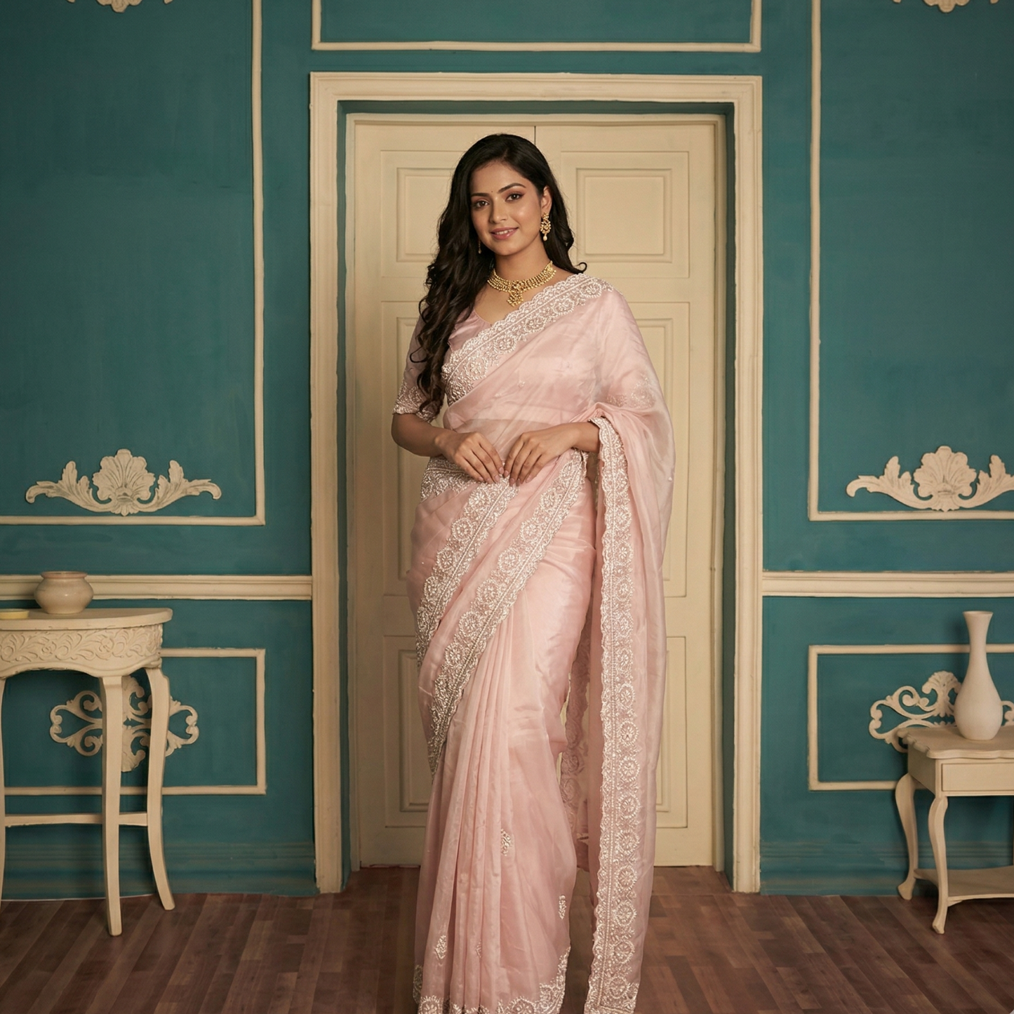 Peach Pink Glass Tissue Silk Saree