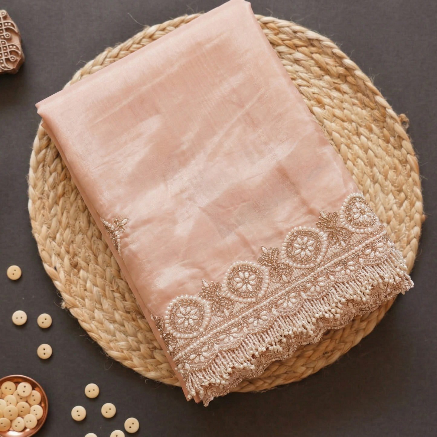 Peach Pink Glass Tissue Silk Saree