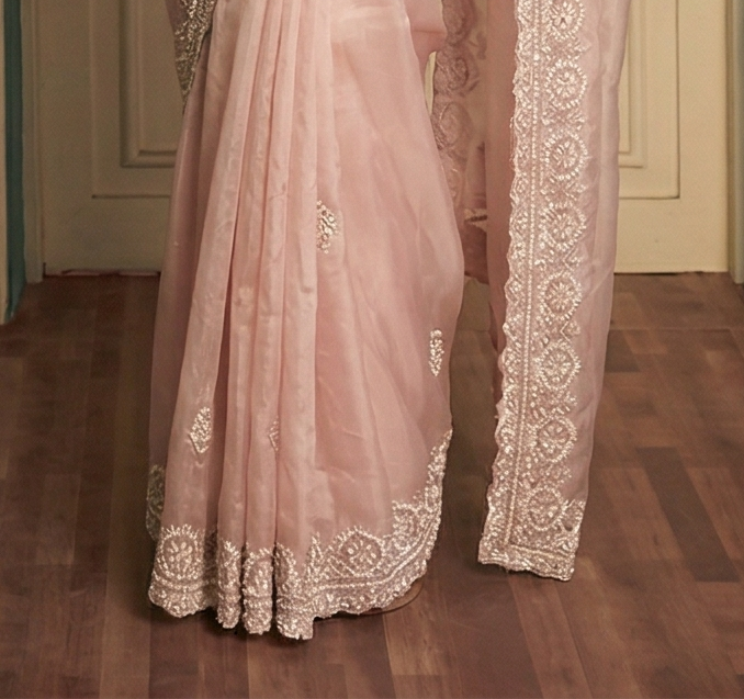 Peach Pink Glass Tissue Silk Saree