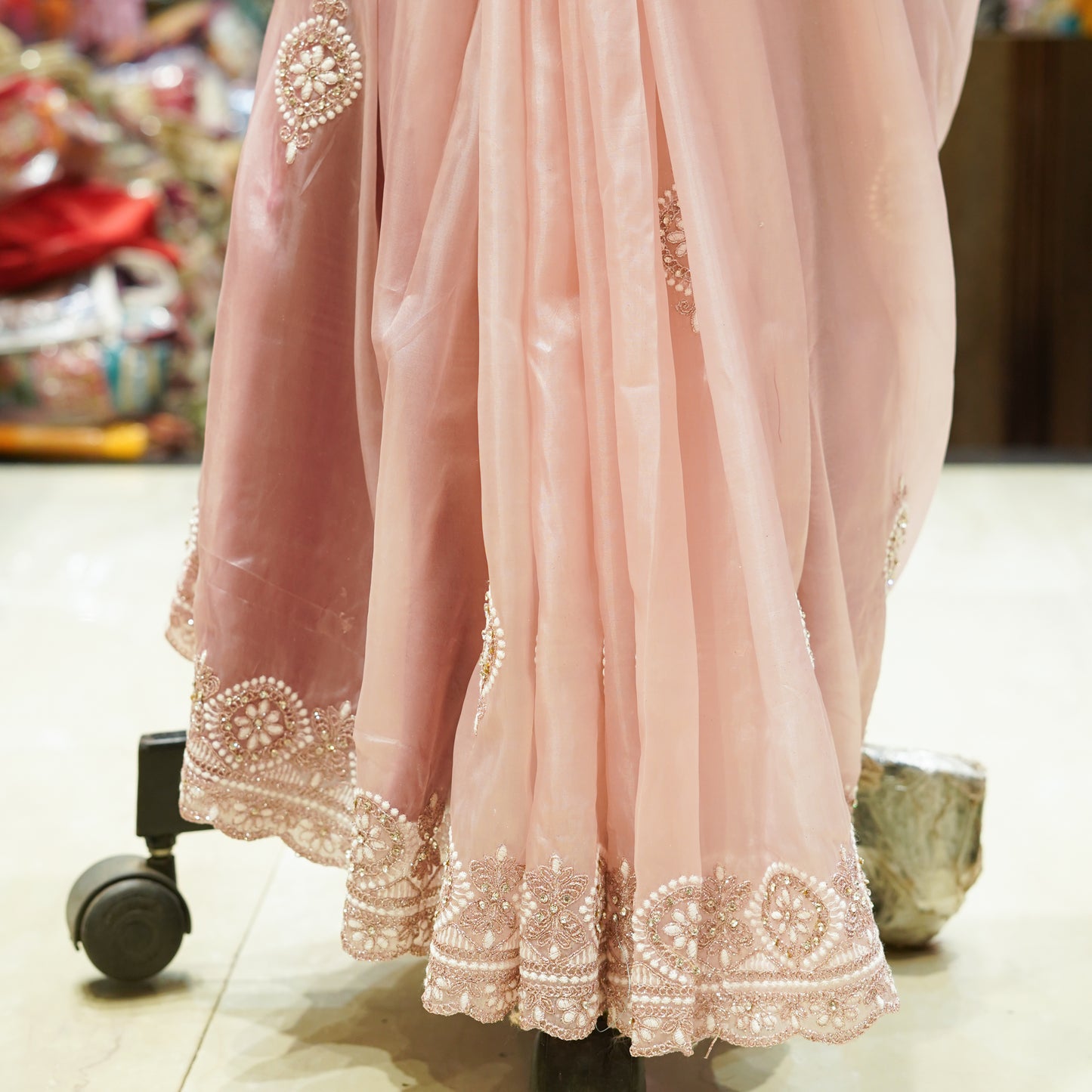 Peach Pink Glass Tissue Silk Saree