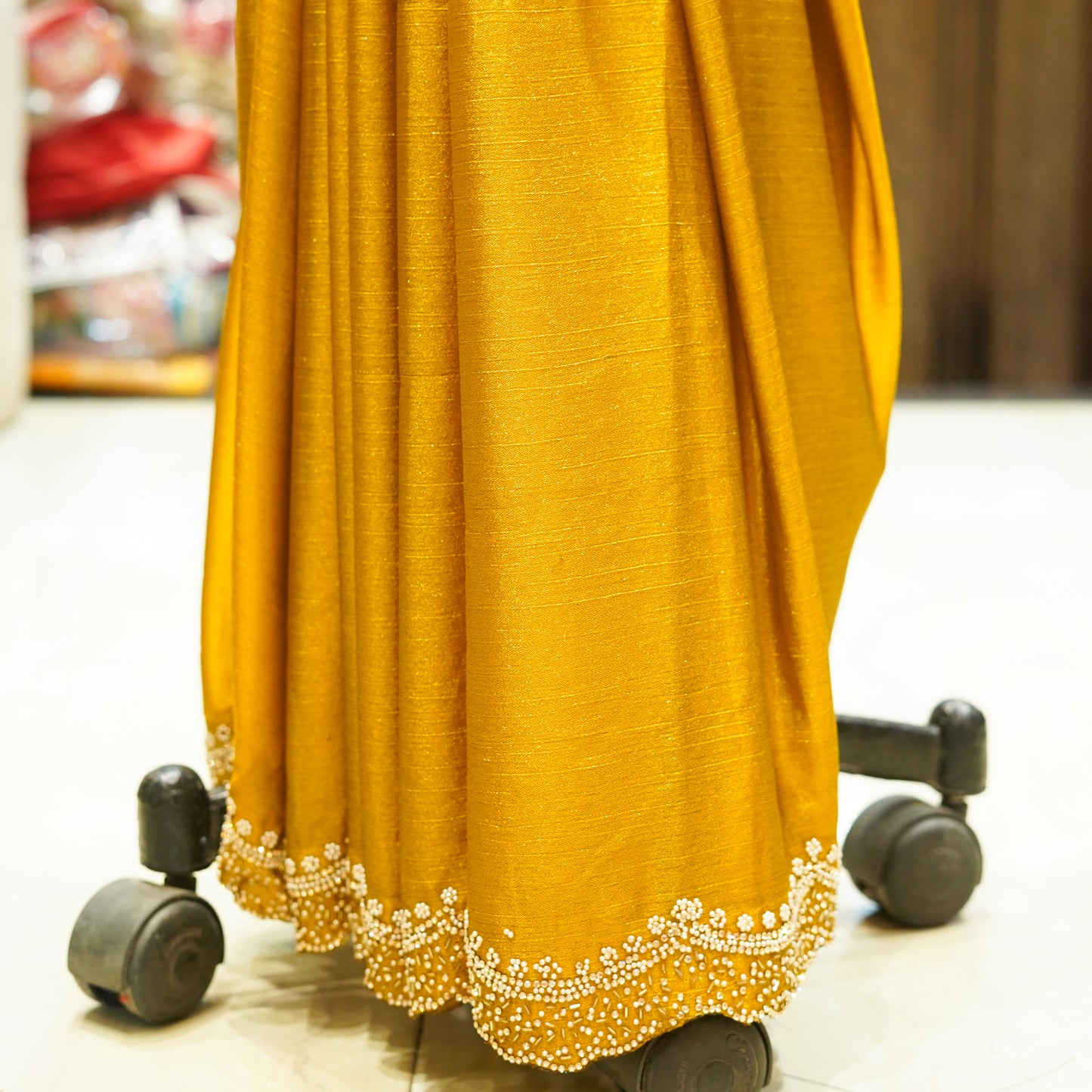 Mustard Yellow Satin Crepe Saree