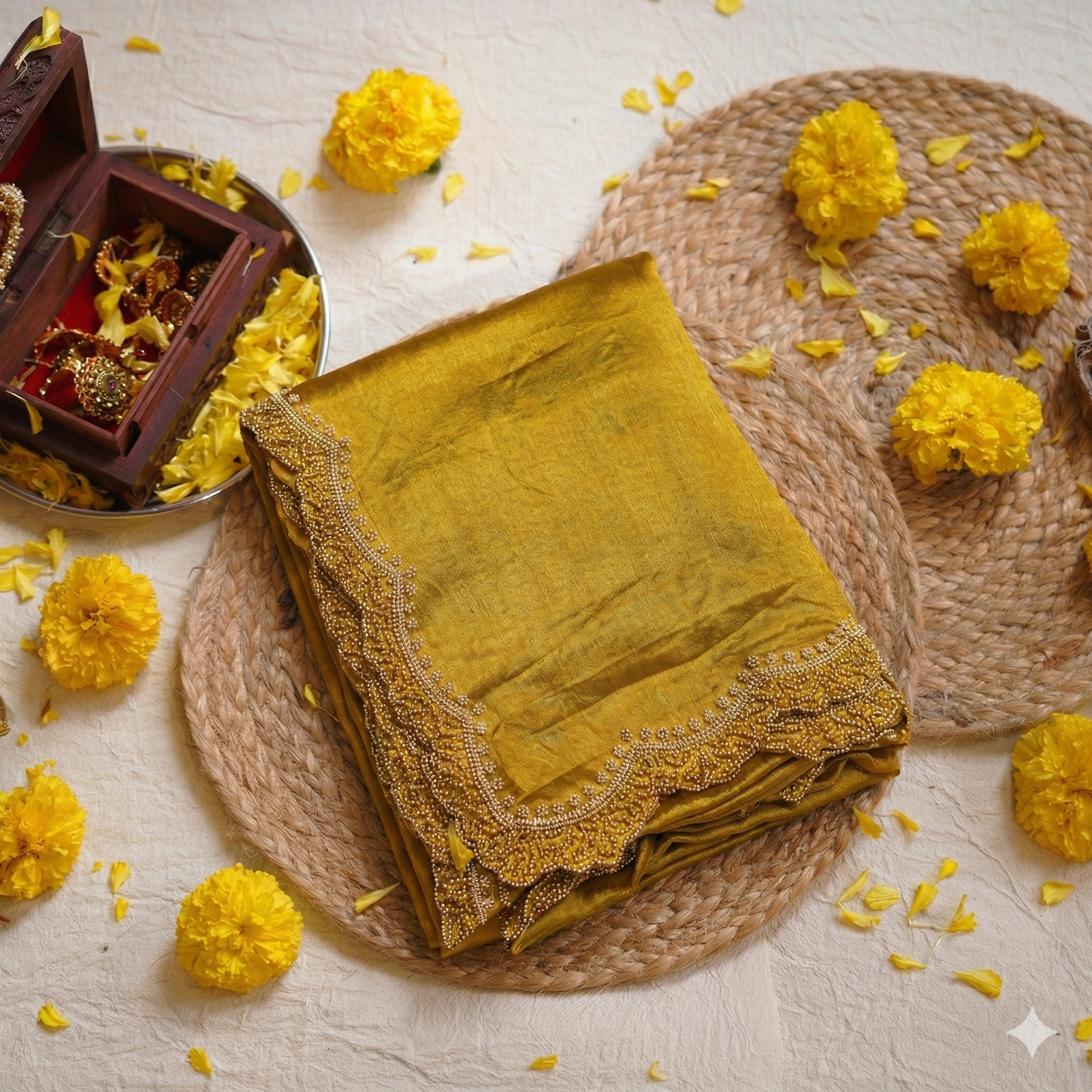 Mustard Yellow Satin Crepe Saree