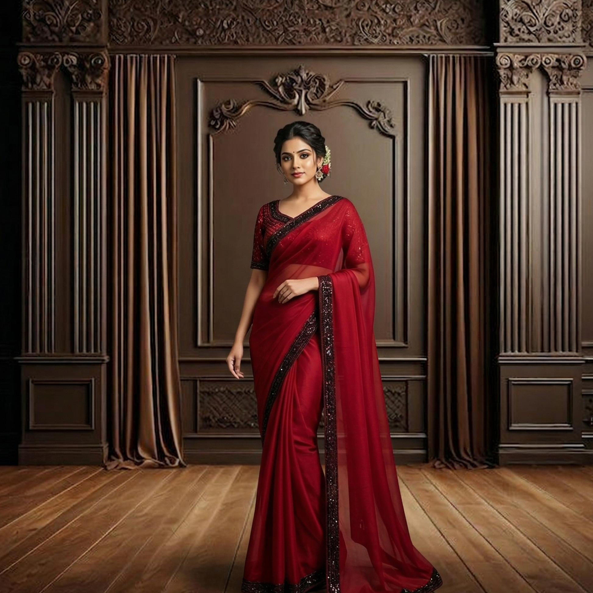Woman in a red saree standing in an ornate room with wooden floor and decorative wall.